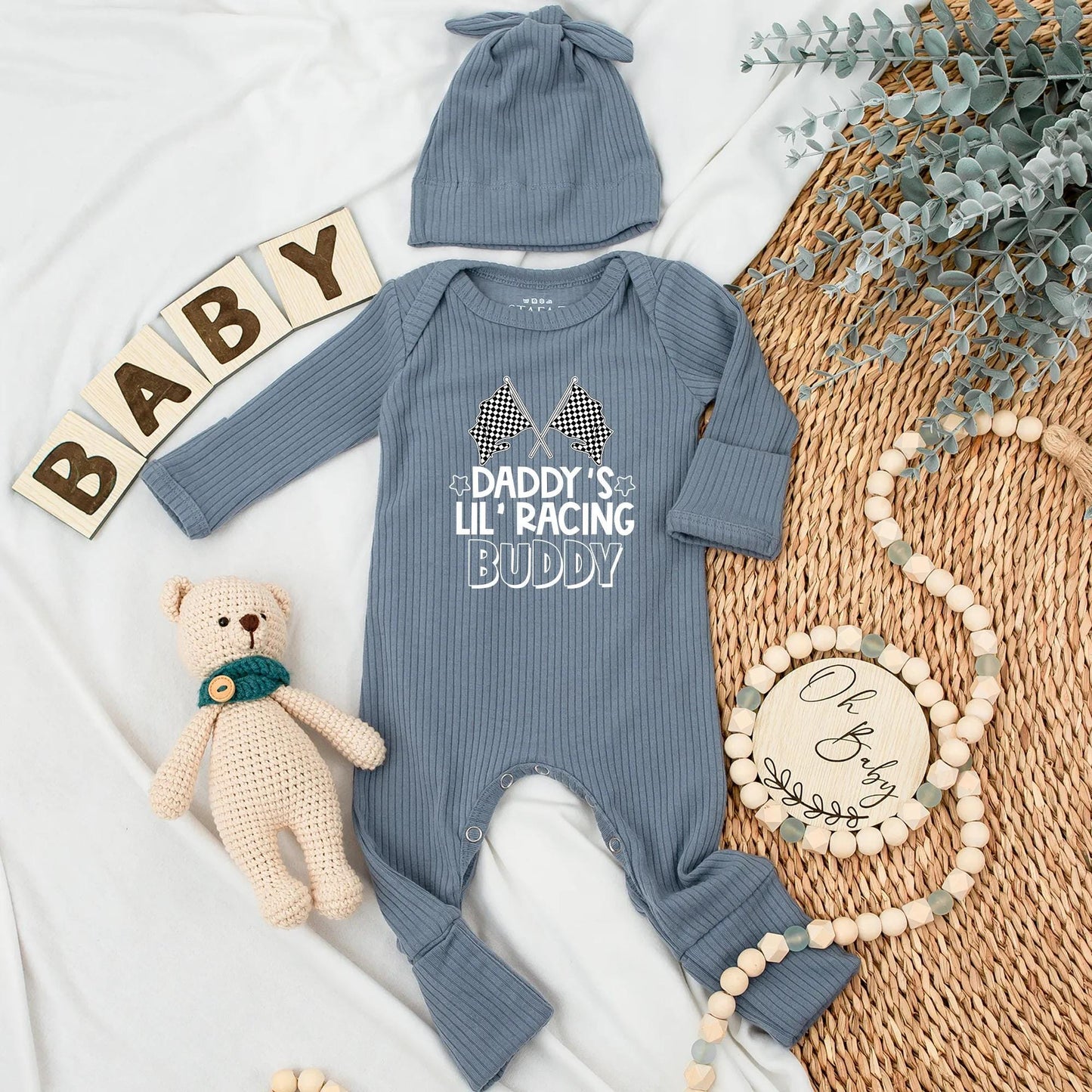Custom Daddy's Lil' Racing Buddy Baby Bodysuit Father's Day Checkered Newborn Outfit New Dad Gift