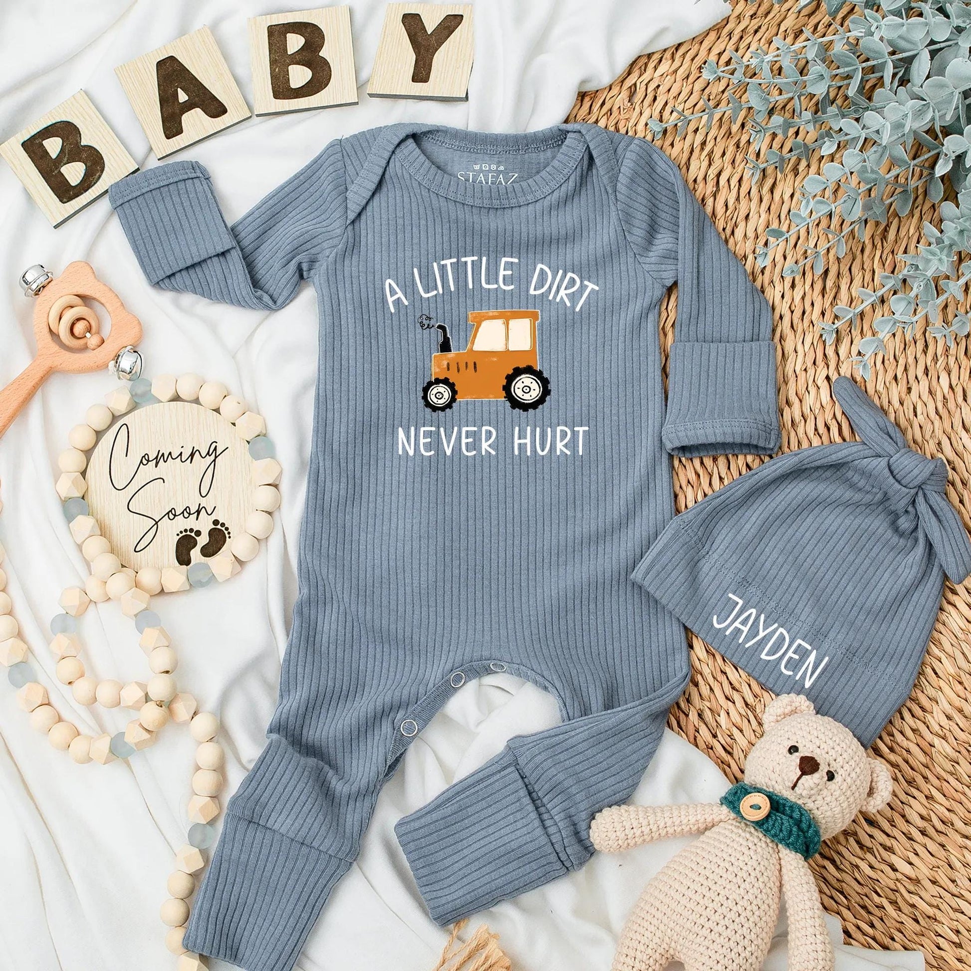 Personalized A Little Dirt Never Hurt Baby Bodysuit Custom Name Farm Tractor Country Boy Outfit Newborn Baby Shower Gift Idea