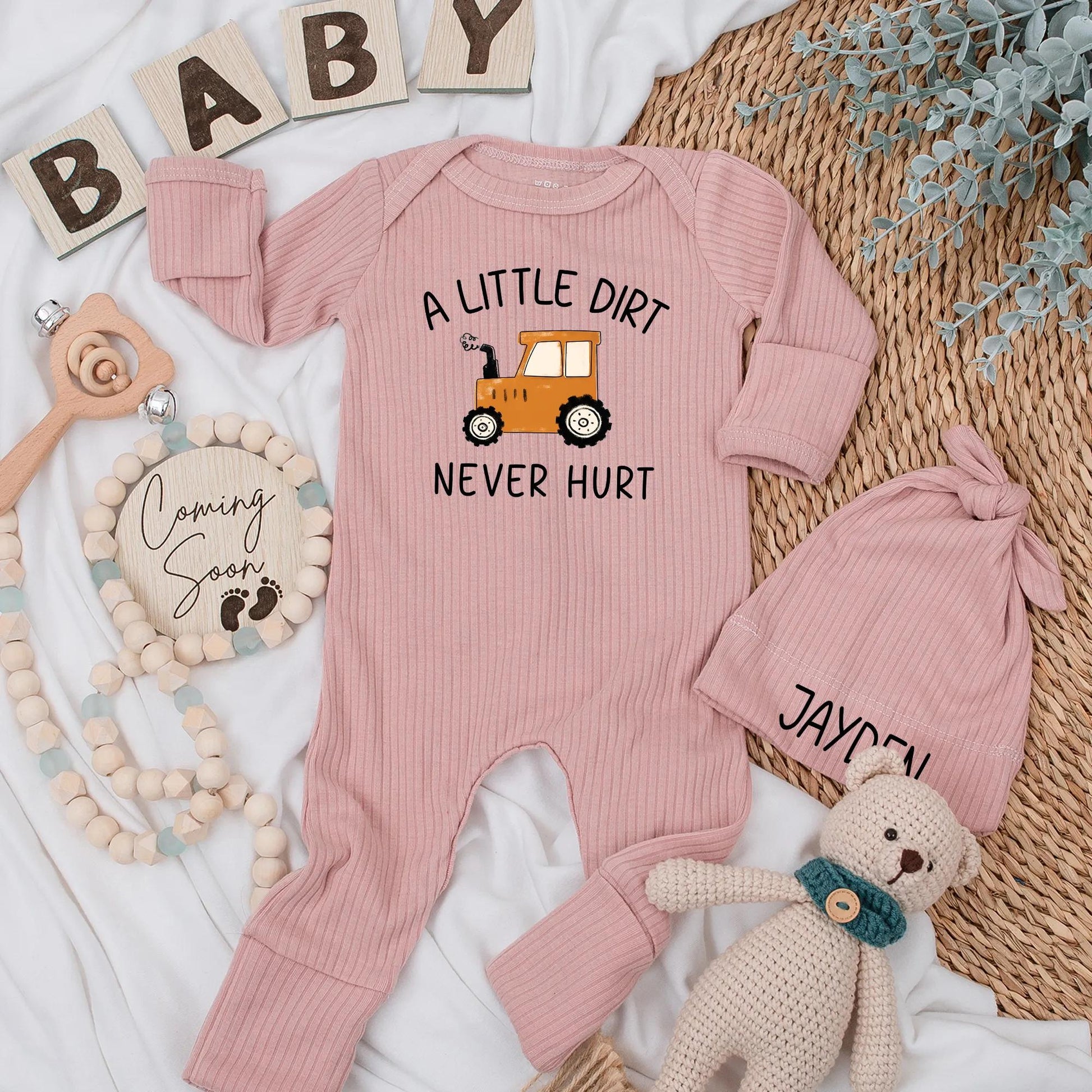 Personalized A Little Dirt Never Hurt Baby Bodysuit Custom Name Farm Tractor Country Boy Outfit Newborn Baby Shower Gift Idea