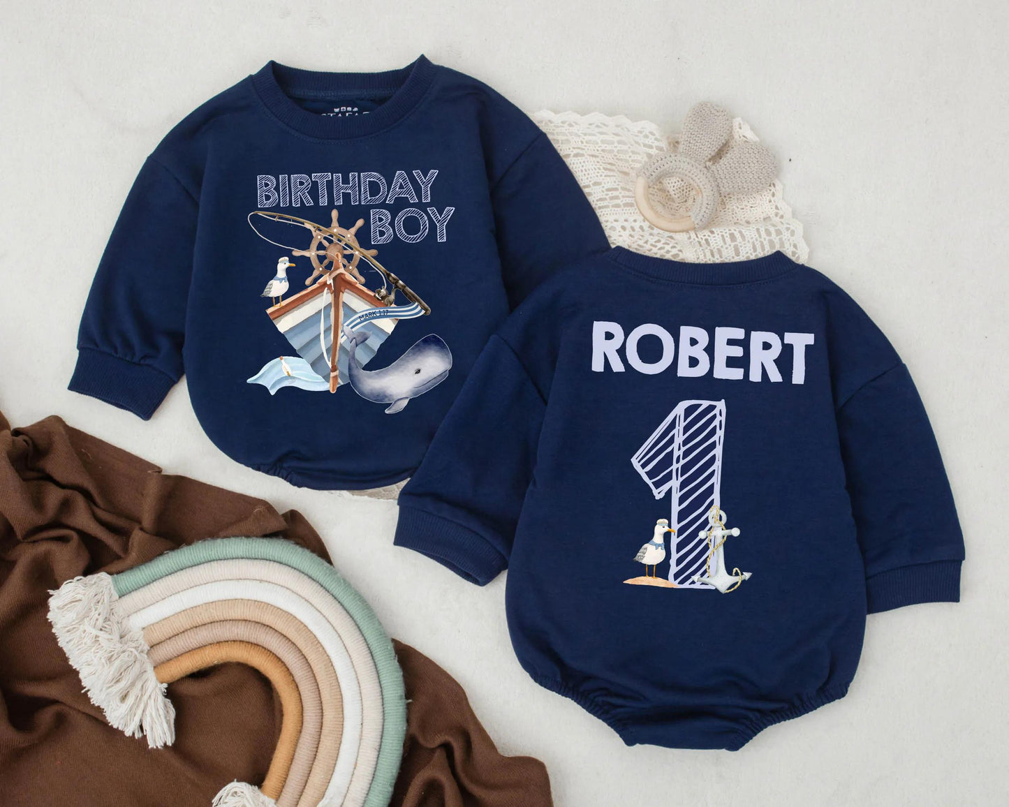 Oneder the Sea Birthday Bubble Romper for Boys Personalized Whale Theme First Birthday Outfit Custom Baby Clothes