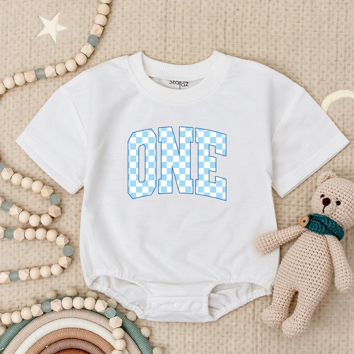 ONE Checkered Light Blue First Birthday Baby Boy Romper Playful Modern Design Outfit Soft Cotton Newborn Celebration Gift Babysuit