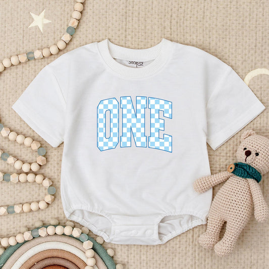 ONE Checkered Light Blue First Birthday Baby Boy Romper Playful Modern Design Outfit Soft Cotton Newborn Celebration Gift Babysuit