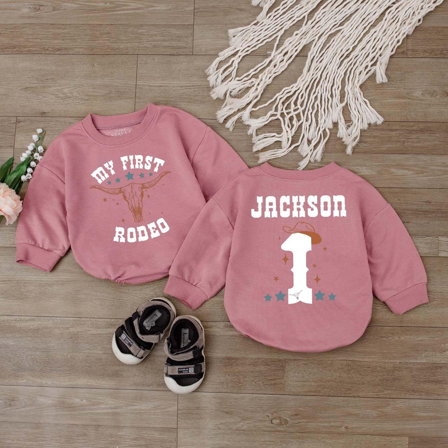 My First Rodeo Cowboy Birthday Shirt Personalized Name on Back Custom Western Outfit for Baby Boy Wild West First Year Bash