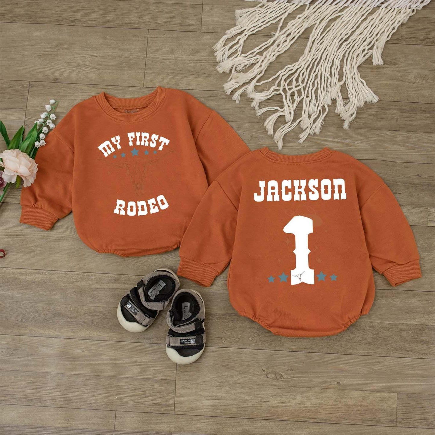 My First Rodeo Cowboy Birthday Shirt Personalized Name on Back Custom Western Outfit for Baby Boy Wild West First Year Bash