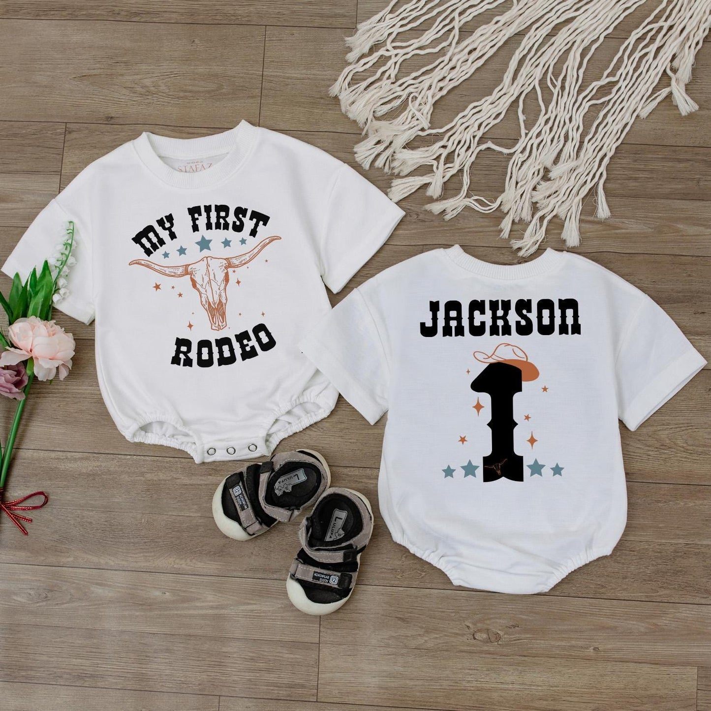 My First Rodeo Cowboy Birthday Shirt Personalized Name on Back Custom Western Outfit for Baby Boy Wild West First Year Bash