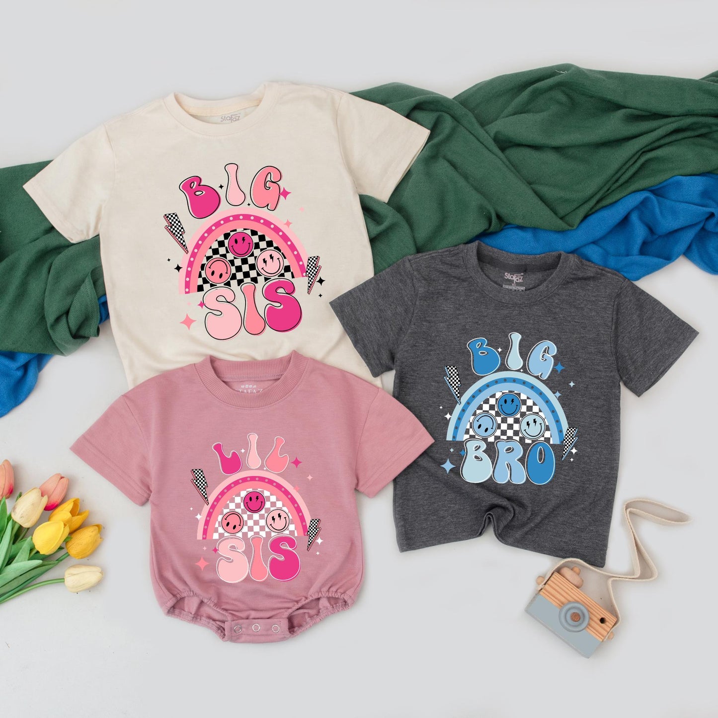 Big Bro Big Sis Matching Retro Outfits for Baby & Toddler – Pregnancy Reveal, Brother Sister Gift – Custom Sibling Announcement Tees (139 chars)