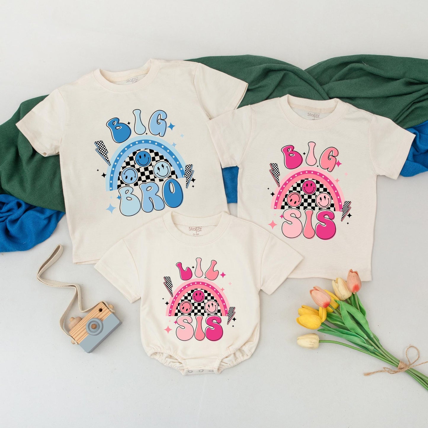 Big Bro Big Sis Matching Retro Outfits for Baby & Toddler – Pregnancy Reveal, Brother Sister Gift – Custom Sibling Announcement Tees (139 chars)