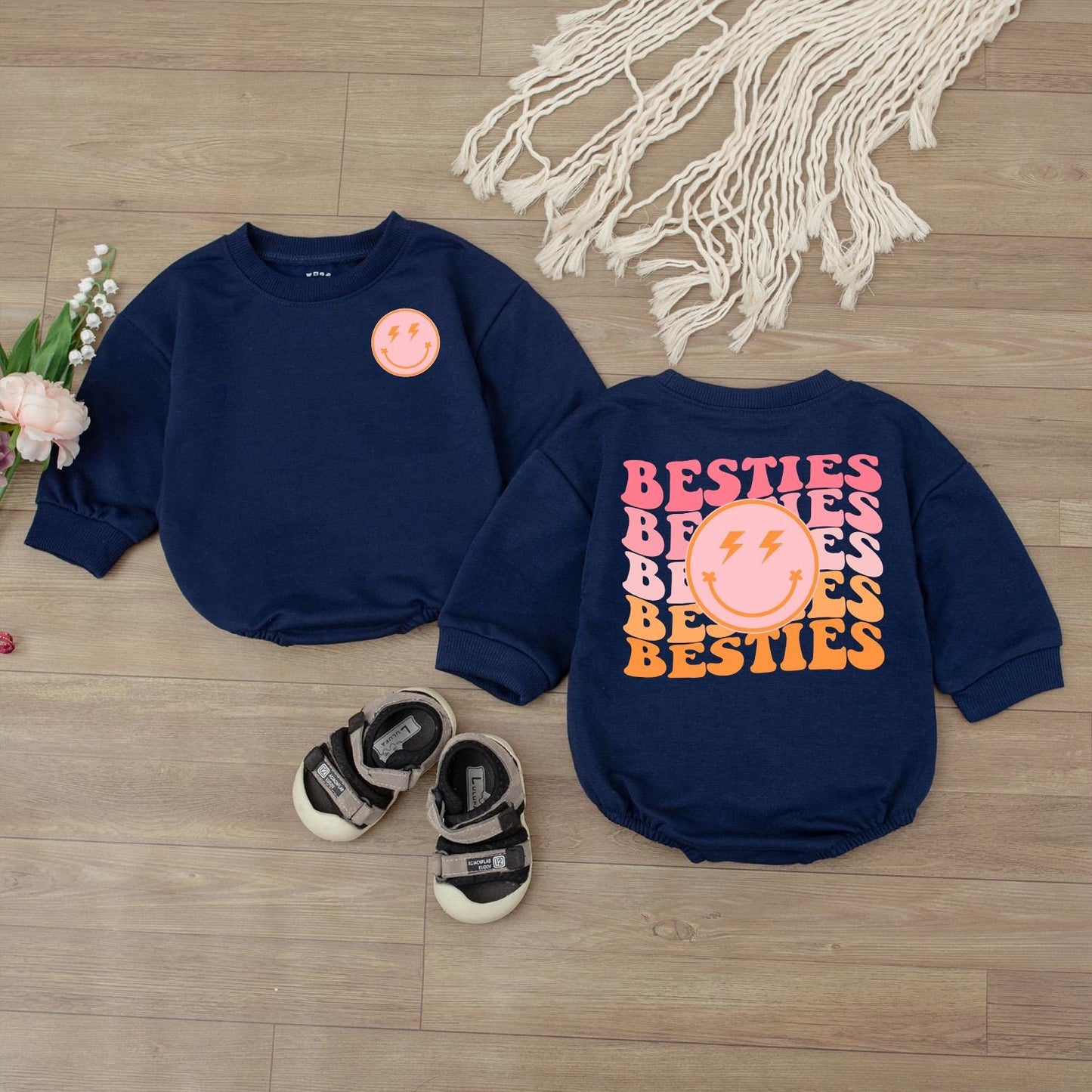 Besties Toddler Sweatshirt Mama and Me Retro Smiley Outfit Natural Infant Baby Clothing Coordinating Family Fun