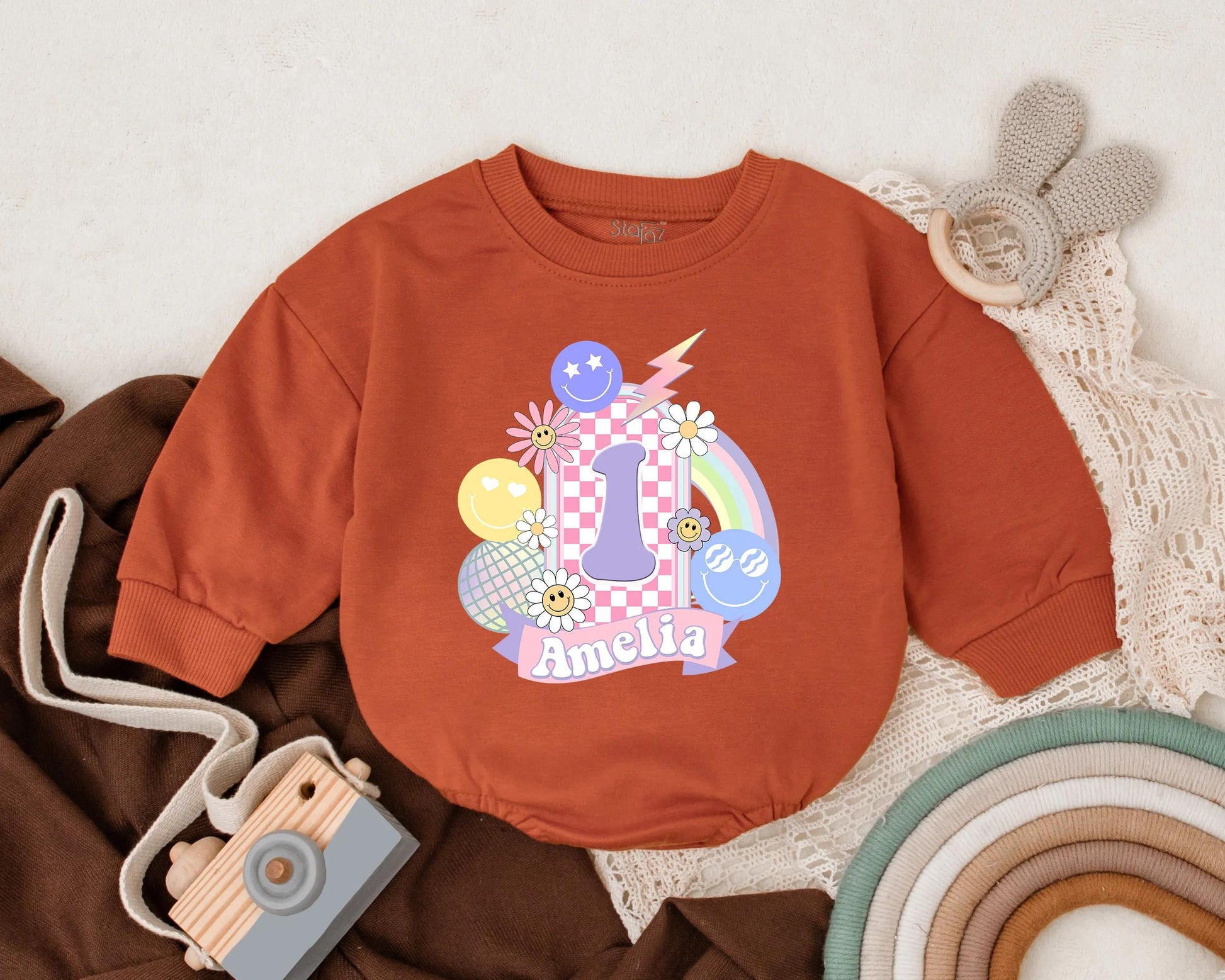 Groovy Smile Face Birthday Romper Custom Name Personalized 1st Birthday Outfit for Girl Retro Bubble Suit Happy Vibes Gift