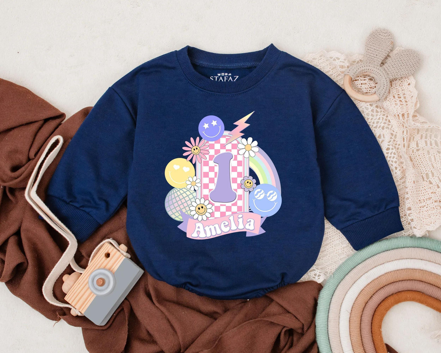 Groovy Smile Face Birthday Romper Custom Name Personalized 1st Birthday Outfit for Girl Retro Bubble Suit Happy Vibes Gift