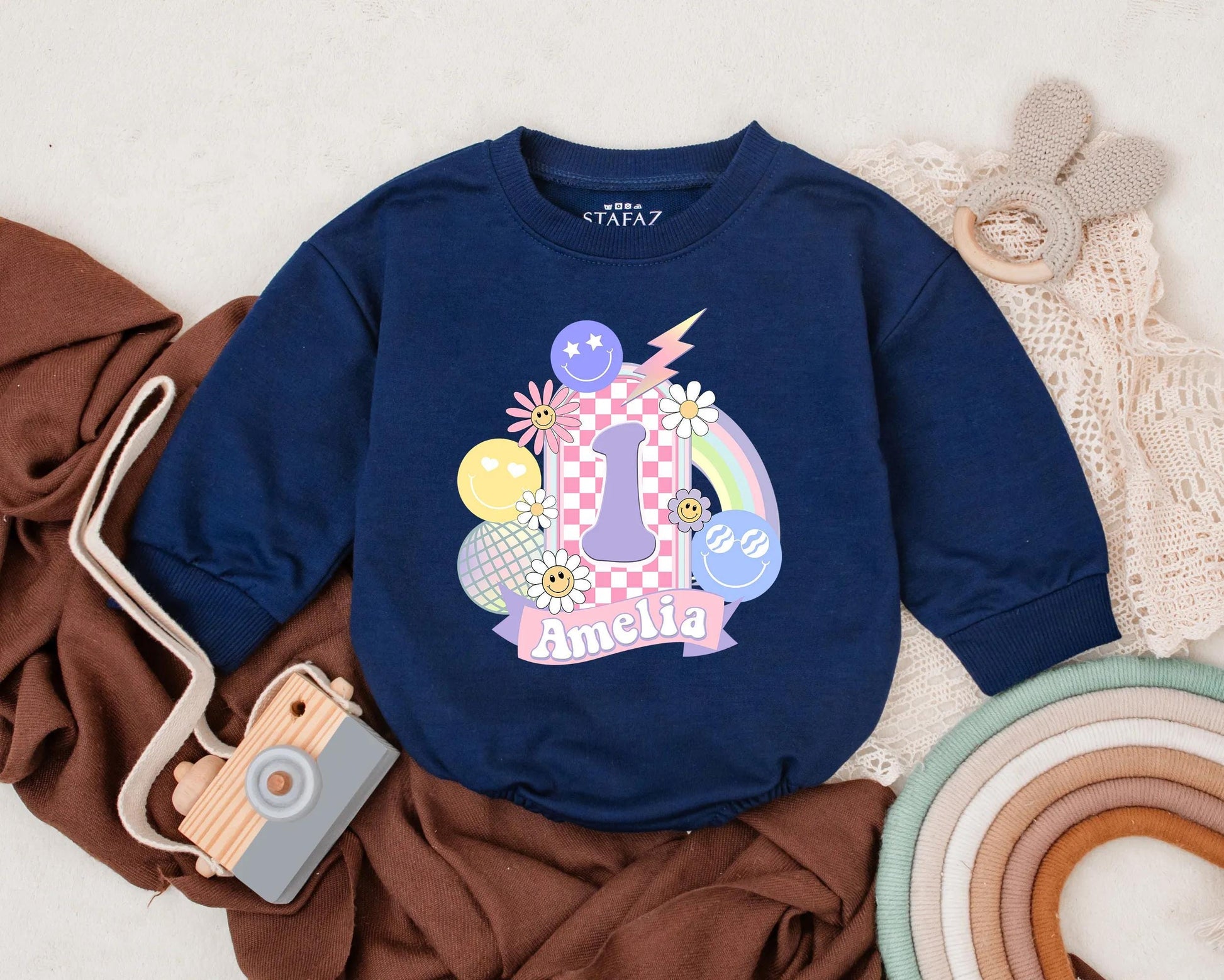 Groovy Smile Face Birthday Romper Custom Name Personalized 1st Birthday Outfit for Girl Retro Bubble Suit Happy Vibes Gift