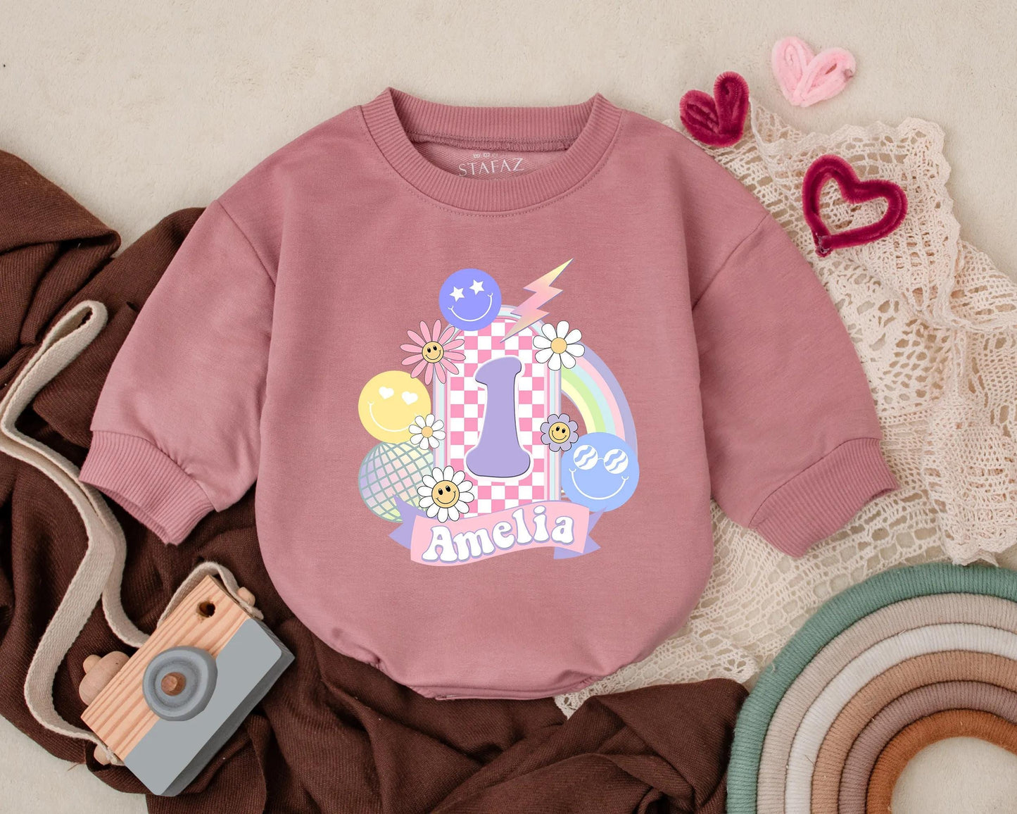 Groovy Smile Face Birthday Romper Custom Name Personalized 1st Birthday Outfit for Girl Retro Bubble Suit Happy Vibes Gift