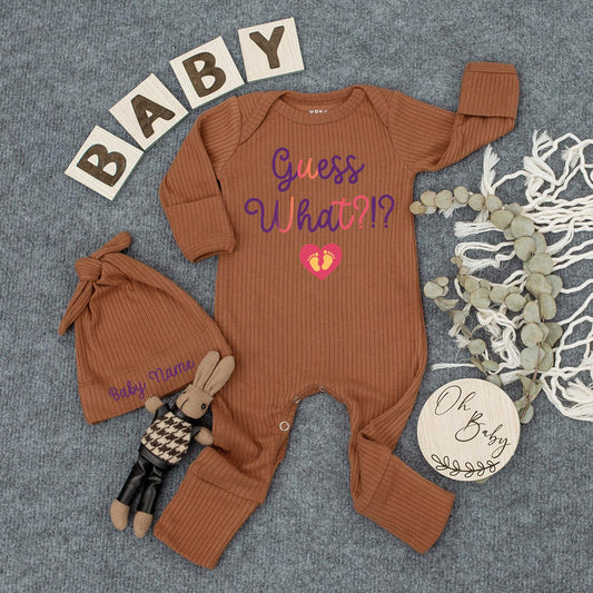Personalized Guess What?! Baby Announcement Gift Box: Custom Bodysuit & Hat Newborn Outfit, Baby Shower Gift, Baby Boy/Girl