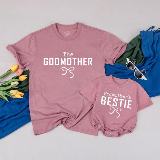 Custom Godmother and Godmother's Bestie T-Shirt Matching Aunt Baby Outfit Godmama Aunt Niece Gift Godparent Tee