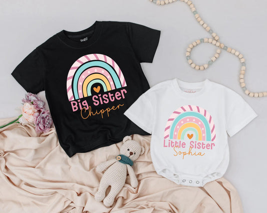 Pastel Rainbow Big Sister Little Sister Shirts Custom Name Outfit Baby Girl Romper Matching Sibling Announcement Gift