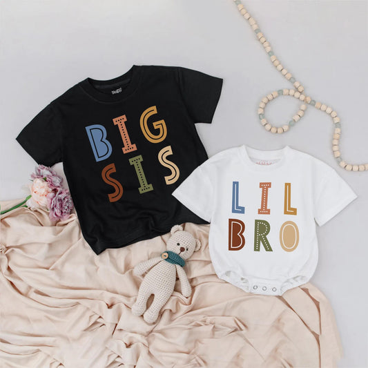Big Sis Lil Bro Matching Outfit: Boho Sibling Shirts Set, Gender Neutral Baby Shower Gift, Aesthetic Toddler Tee, Neutral Kidswear, Modern Design 138