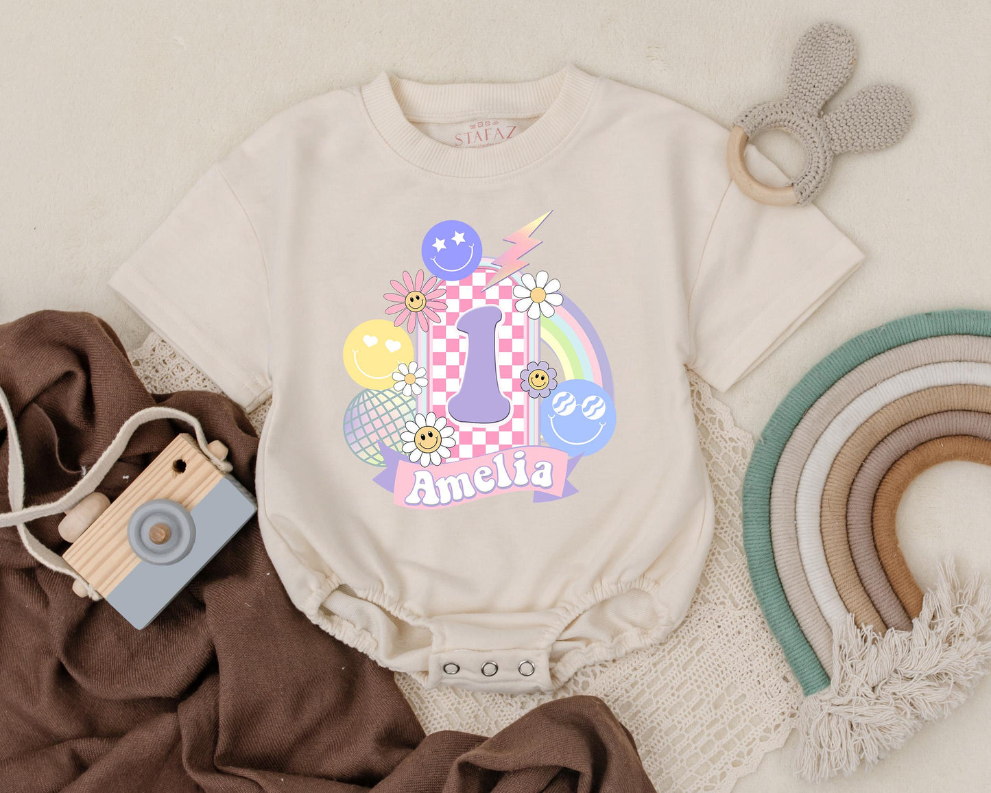 Groovy Smile Face Birthday Romper Custom Name Personalized 1st Birthday Outfit for Girl Retro Bubble Suit Happy Vibes Gift