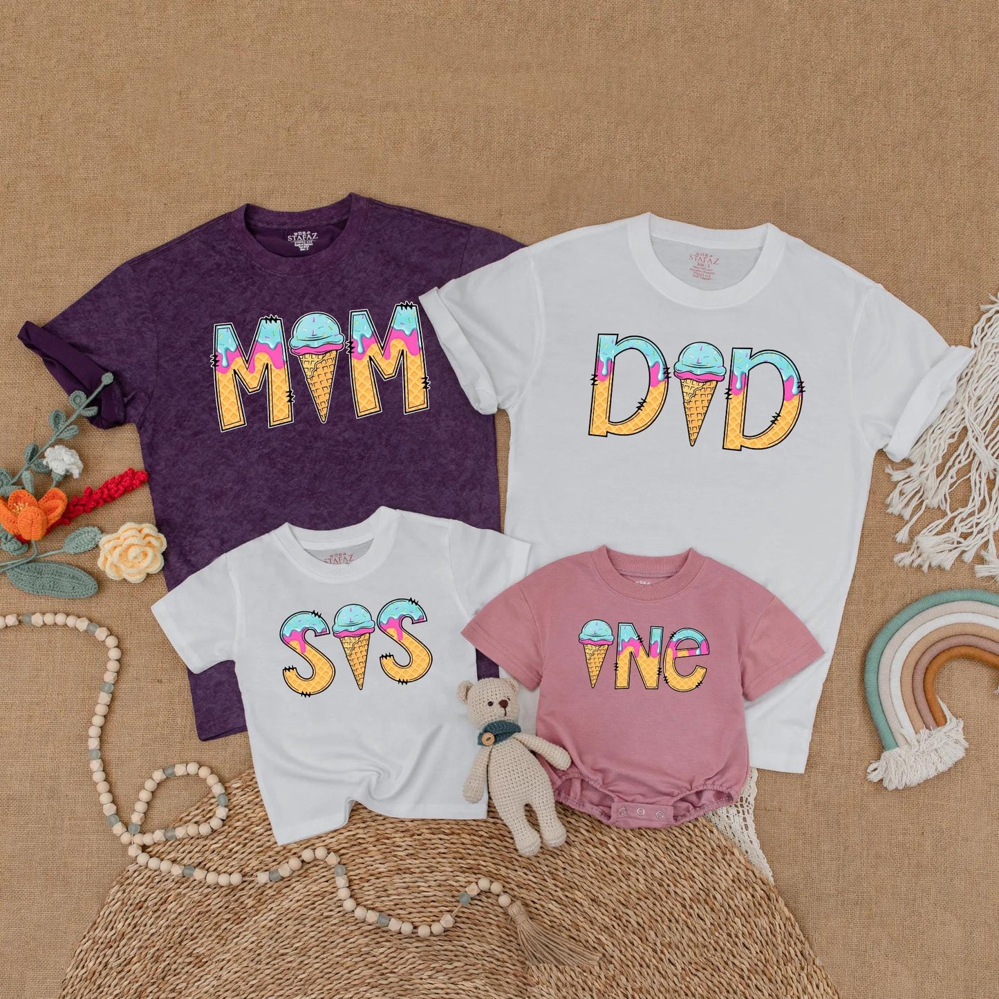 Sweet One Ice Cream Birthday Matching Family Shirts Girl 1st Birthday Outfit Toddler Summer Party Gift Mommy & Me Pastel