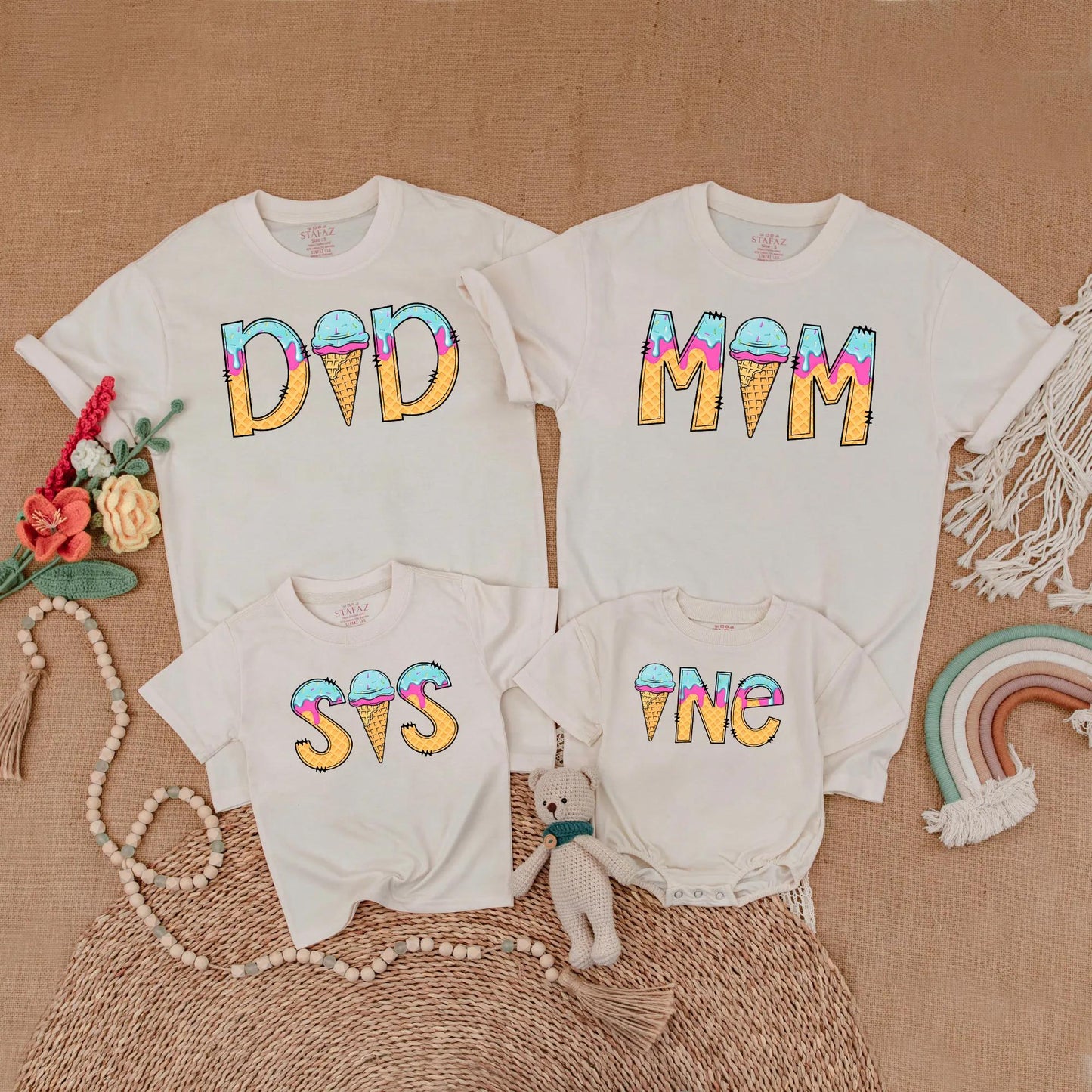 Sweet One Ice Cream Birthday Matching Family Shirts Girl 1st Birthday Outfit Toddler Summer Party Gift Mommy & Me Pastel