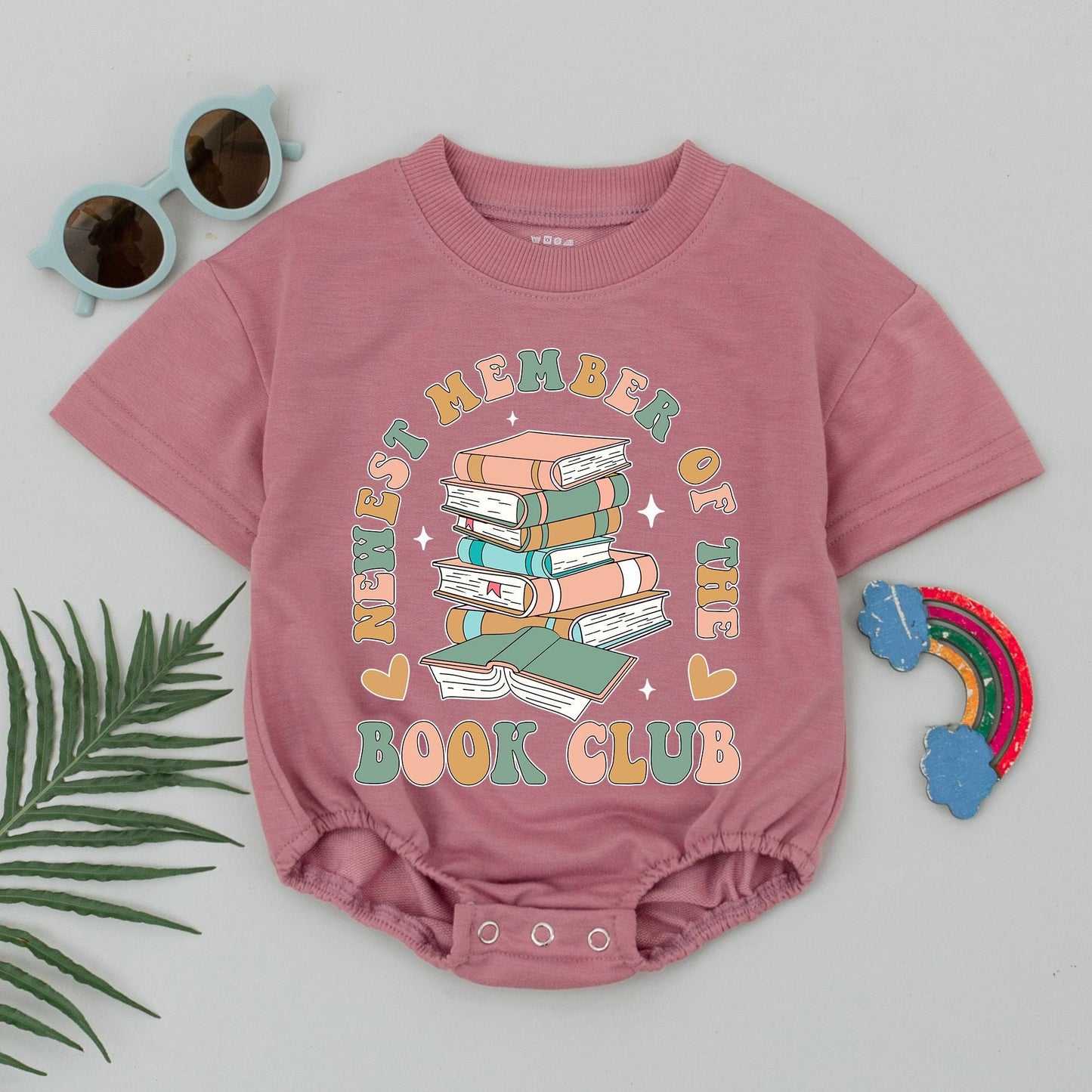 Newest Member of the Book Club Pastel Books Baby Romper Cute Infant Bodysuit Vintage Retro Reading Theme Baby Shower Gift Adorable Hearts Stars Outfit