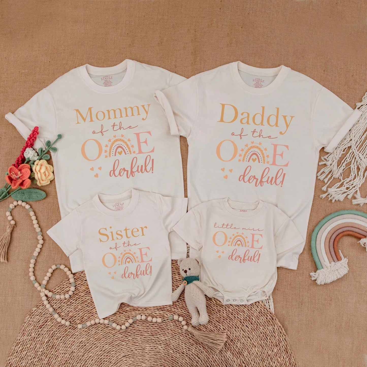 Rainbow Boho One-derful Birthday Family Matching Shirts Little Miss Onederful 1st Birthday Gift for Daughter