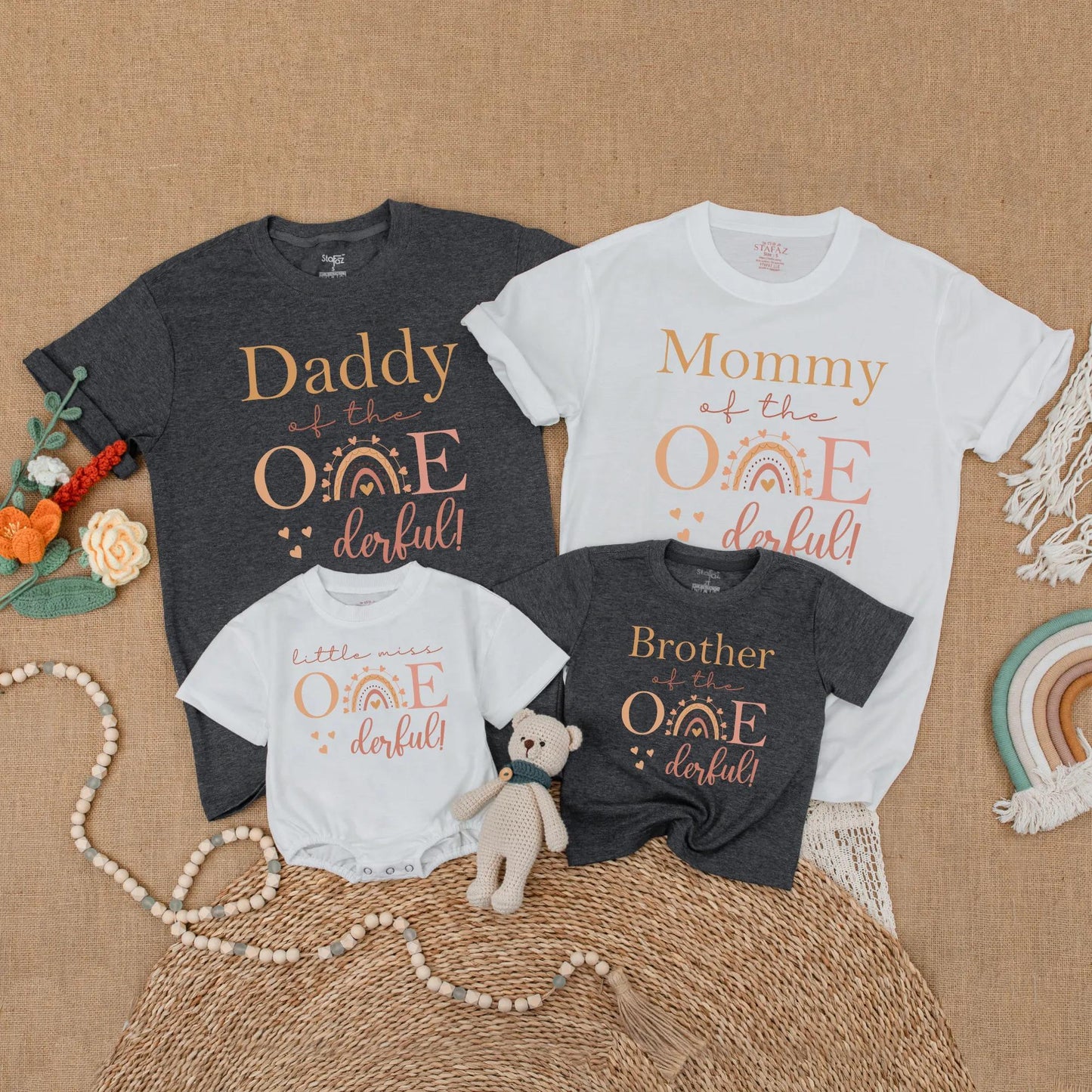 Rainbow Boho One-derful Birthday Family Matching Shirts Little Miss Onederful 1st Birthday Gift for Daughter