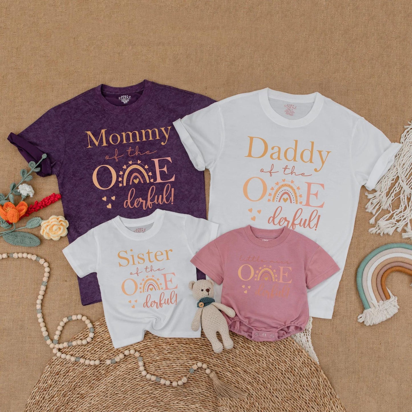 Rainbow Boho One-derful Birthday Family Matching Shirts Little Miss Onederful 1st Birthday Gift for Daughter