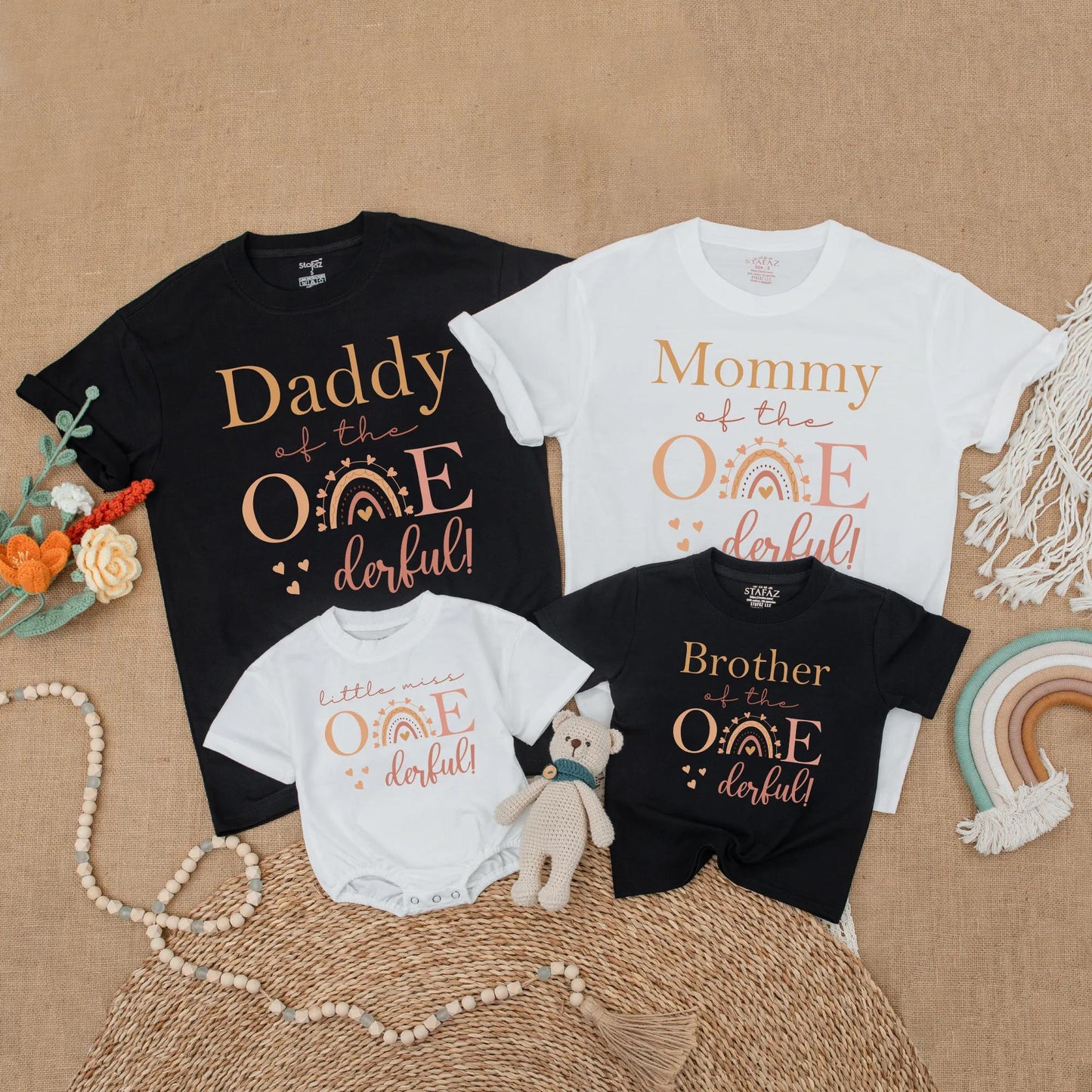 Rainbow Boho One-derful Birthday Family Matching Shirts Little Miss Onederful 1st Birthday Gift for Daughter