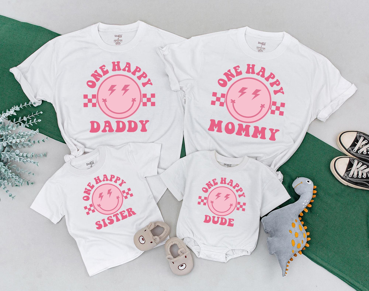 One Happy Dude Matching Family Shirts First Birthday Girl Retro Smiley Face Groovy Party Celebration Soft Cotton Comfortable Toddler Baby Gifts