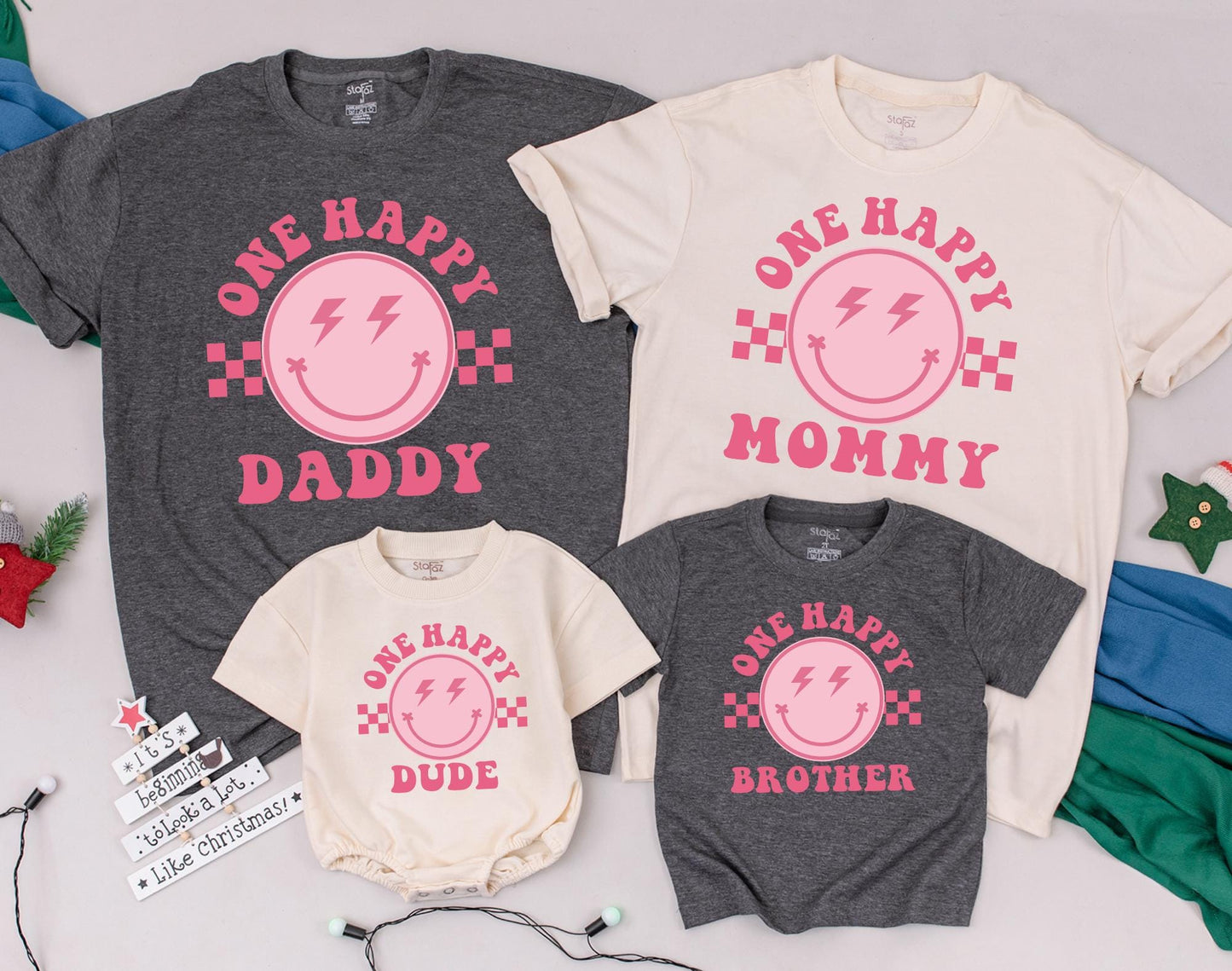 One Happy Dude Matching Family Shirts First Birthday Girl Retro Smiley Face Groovy Party Celebration Soft Cotton Comfortable Toddler Baby Gifts