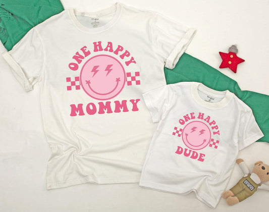One Happy Dude Matching Family Shirts First Birthday Girl Retro Smiley Face Groovy Party Celebration Soft Cotton Comfortable Toddler Baby Gifts
