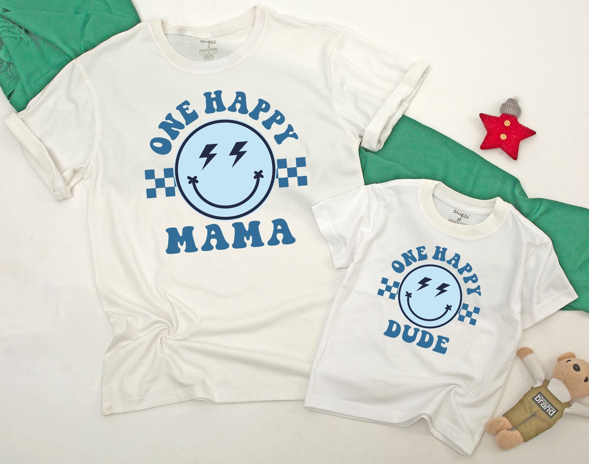 Matching One Happy Dude 1st Birthday Family Shirt Outfit, Retro Smiley Face Design for Baby Boy's First Birthday Party, Groovy Theme