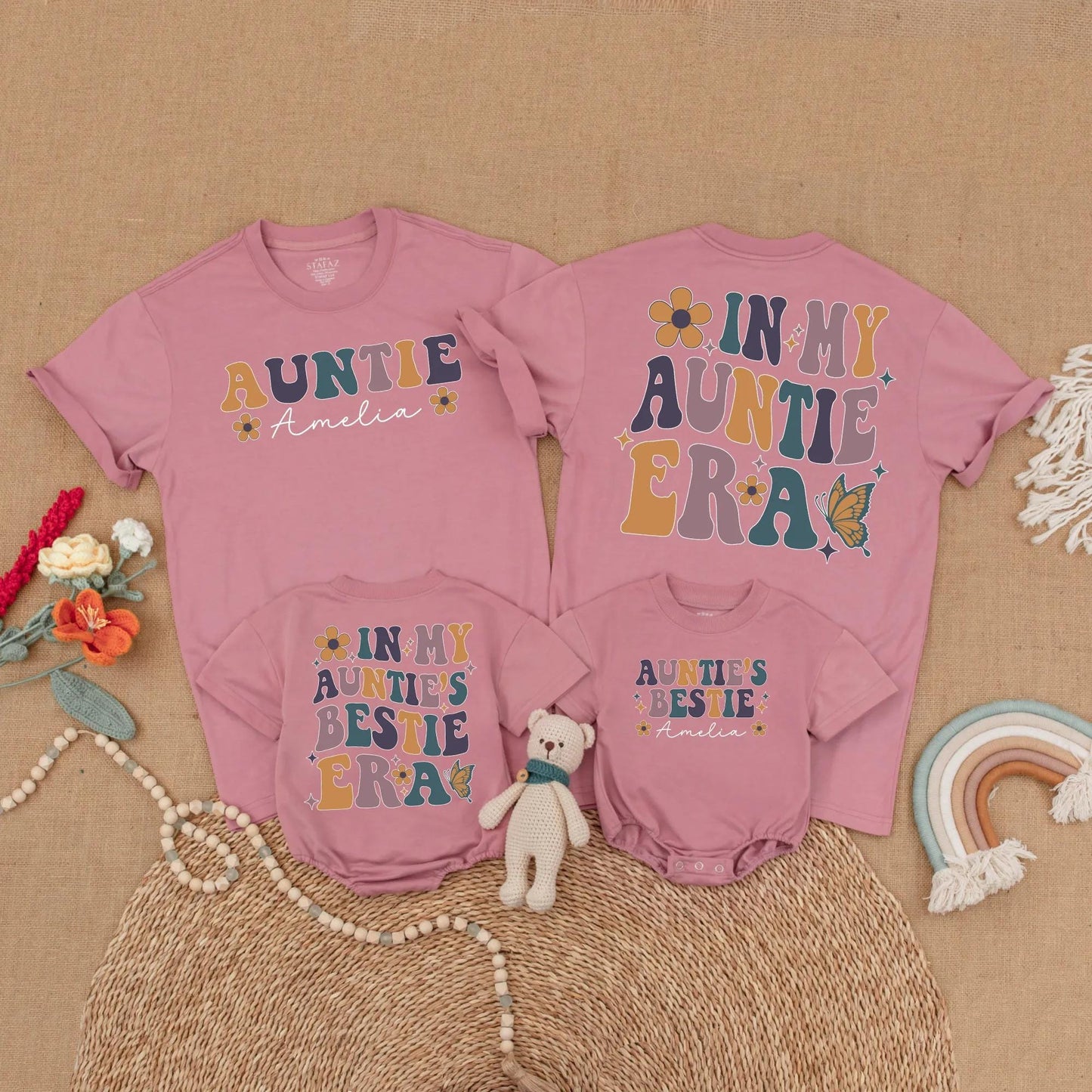 Personalized Retro Auntie Bestie Matching Shirts for Aunt and Baby, 70s Era Floral Sparkle Butterfly Designs, Niece Nephew Gift