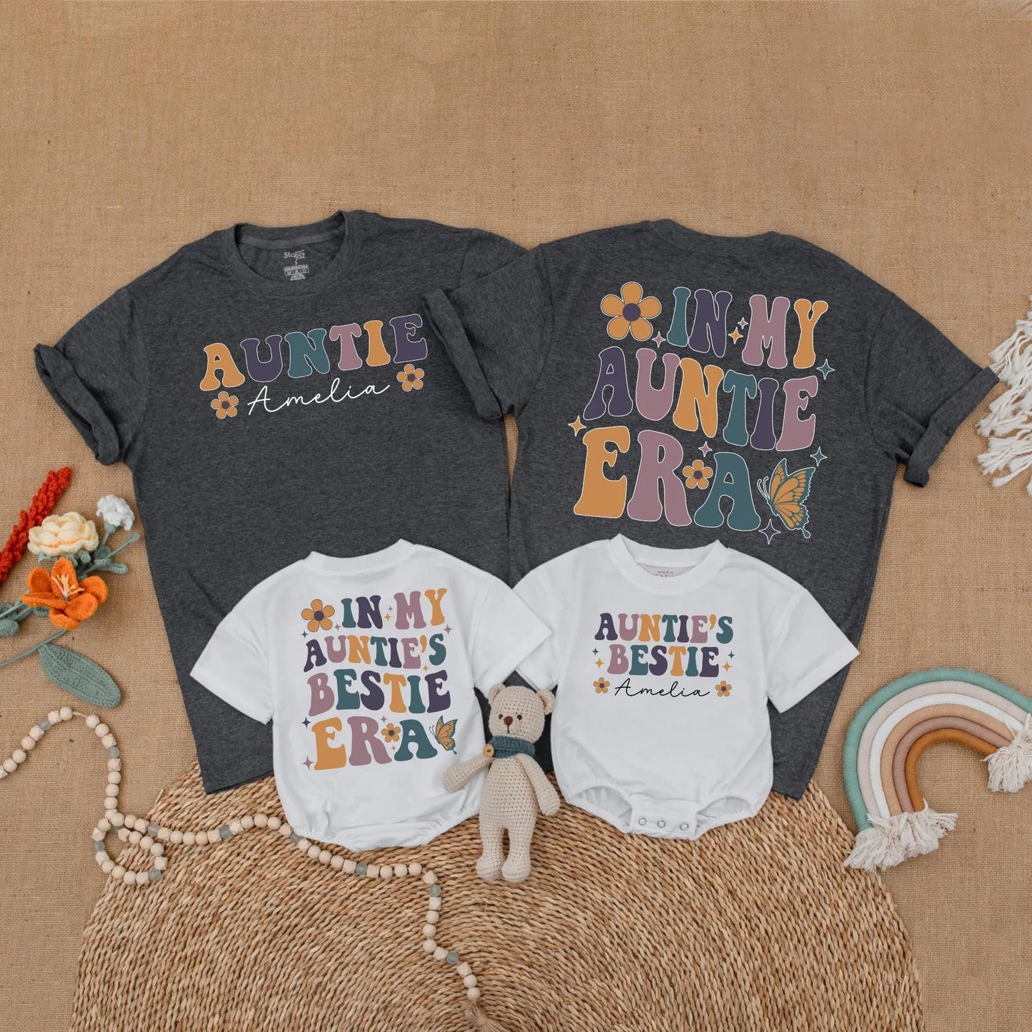 Personalized Retro Auntie Bestie Matching Shirts for Aunt and Baby, 70s Era Floral Sparkle Butterfly Designs, Niece Nephew Gift