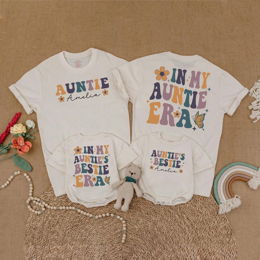 Personalized Retro Auntie Bestie Matching Shirts for Aunt and Baby, 70s Era Floral Sparkle Butterfly Designs, Niece Nephew Gift