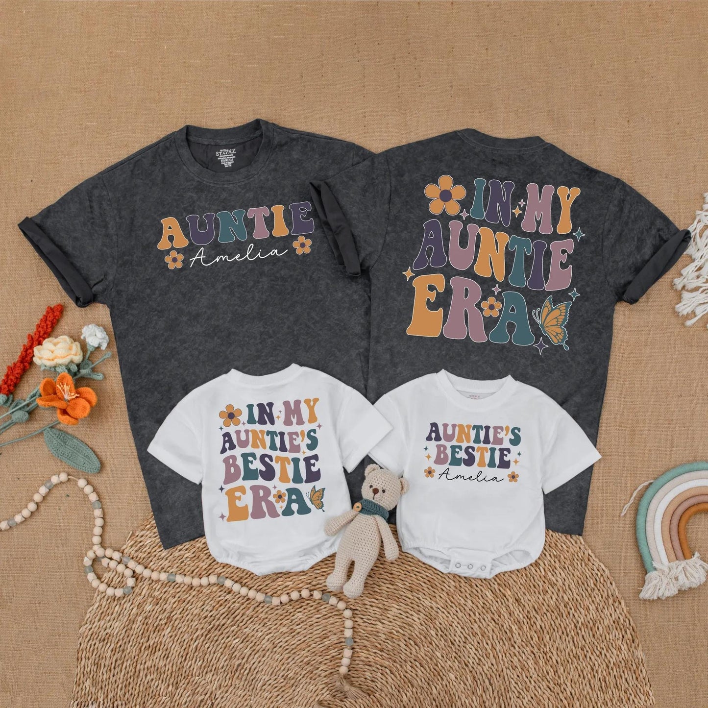 Personalized Retro Auntie Bestie Matching Shirts for Aunt and Baby, 70s Era Floral Sparkle Butterfly Designs, Niece Nephew Gift