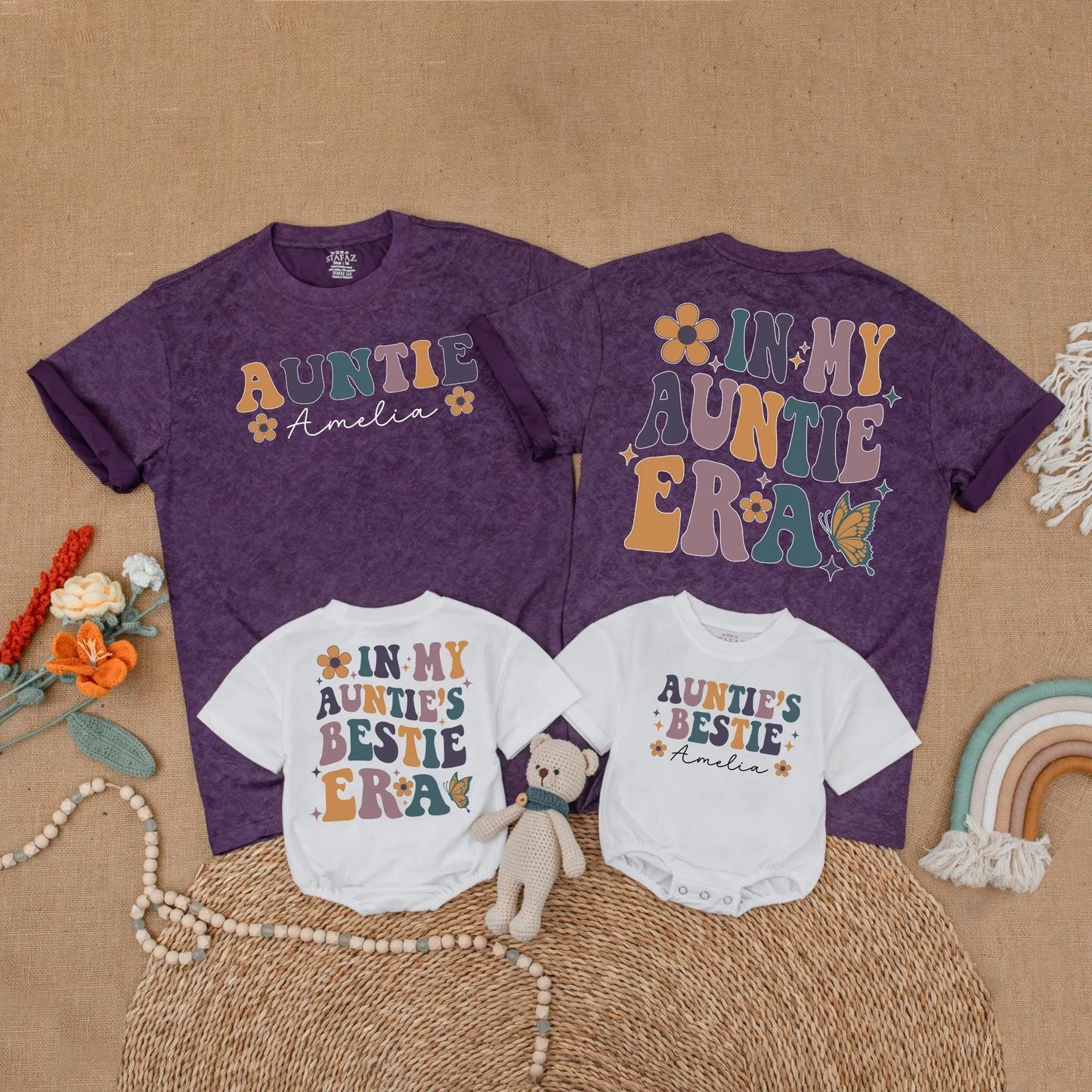 Personalized Retro Auntie Bestie Matching Shirts for Aunt and Baby, 70s Era Floral Sparkle Butterfly Designs, Niece Nephew Gift