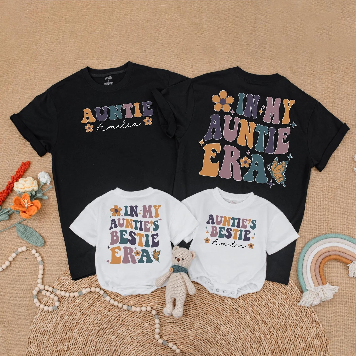 Personalized Retro Auntie Bestie Matching Shirts for Aunt and Baby, 70s Era Floral Sparkle Butterfly Designs, Niece Nephew Gift