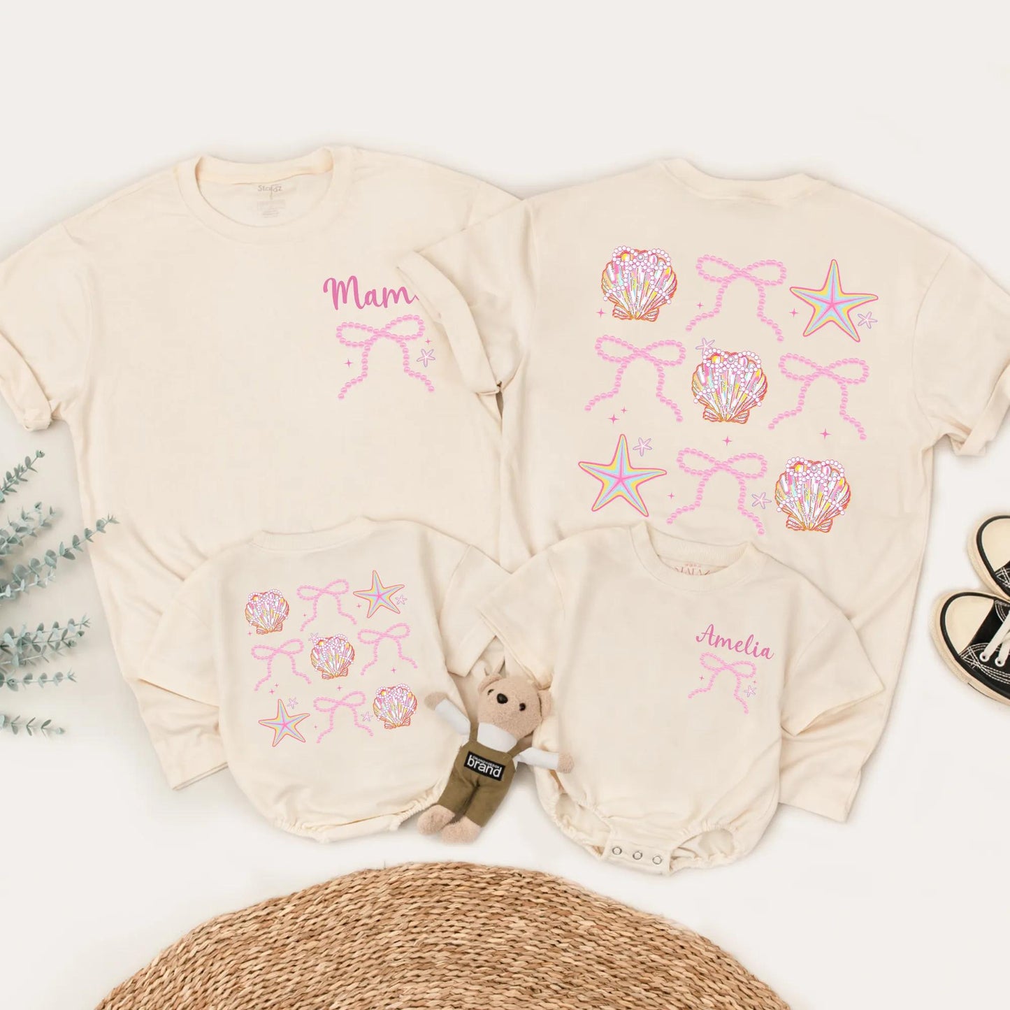 Cute Seashell Bow Matching Family Shirts Mommy and Me Beach Outfits Personalized Amelia Summer Vacation Tees