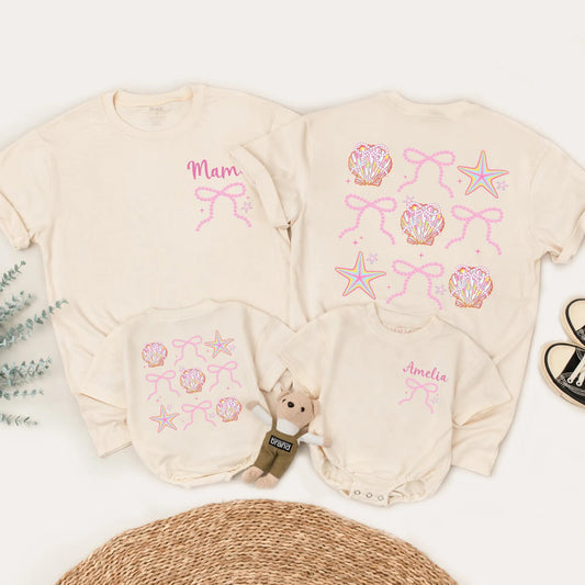 Cute Seashell Bow Matching Family Shirts Mommy and Me Beach Outfits Personalized Amelia Summer Vacation Tees