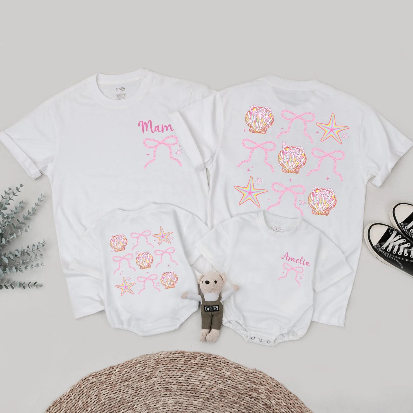 Cute Seashell Bow Matching Family Shirts Mommy and Me Beach Outfits Personalized Amelia Summer Vacation Tees