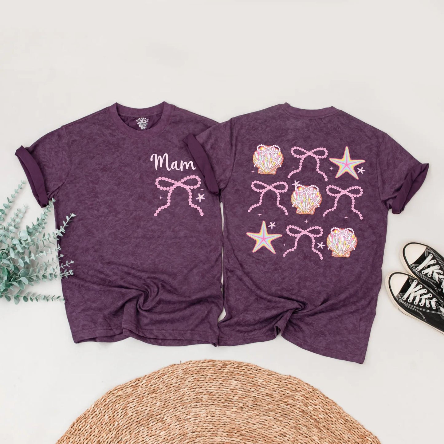 Cute Seashell Bow Matching Family Shirts Mommy and Me Beach Outfits Personalized Amelia Summer Vacation Tees
