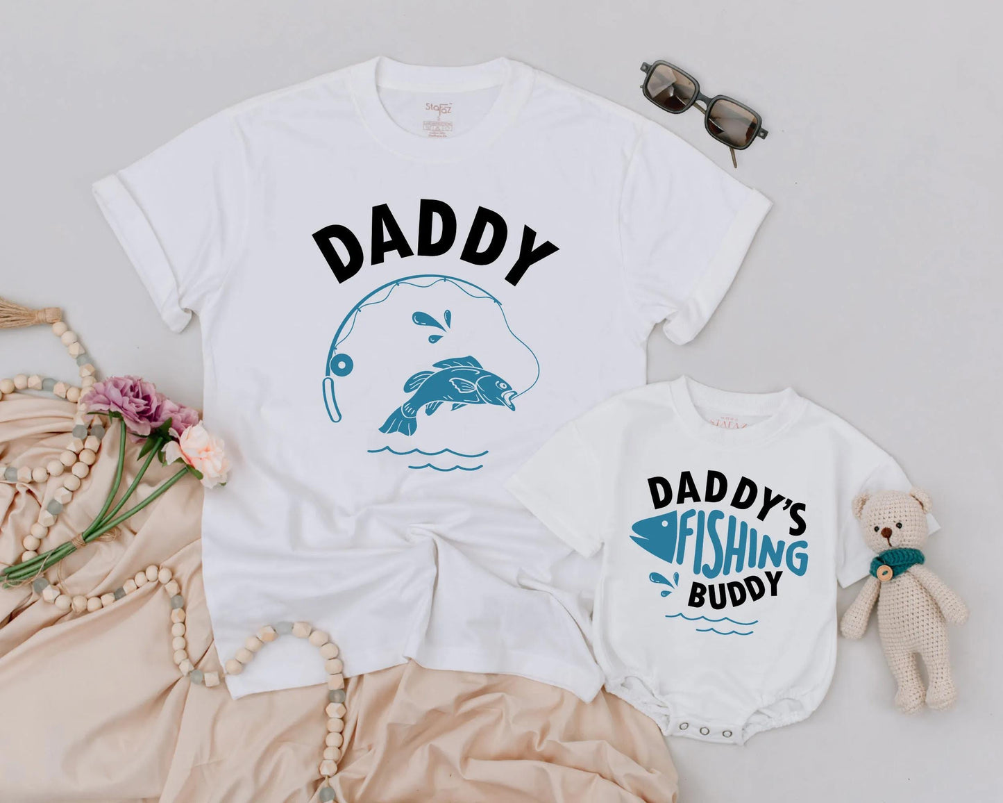 Daddy's Fishing Buddy Matching Dad and Baby Outfit Blue Fish Graphic Father's Day Gift Set