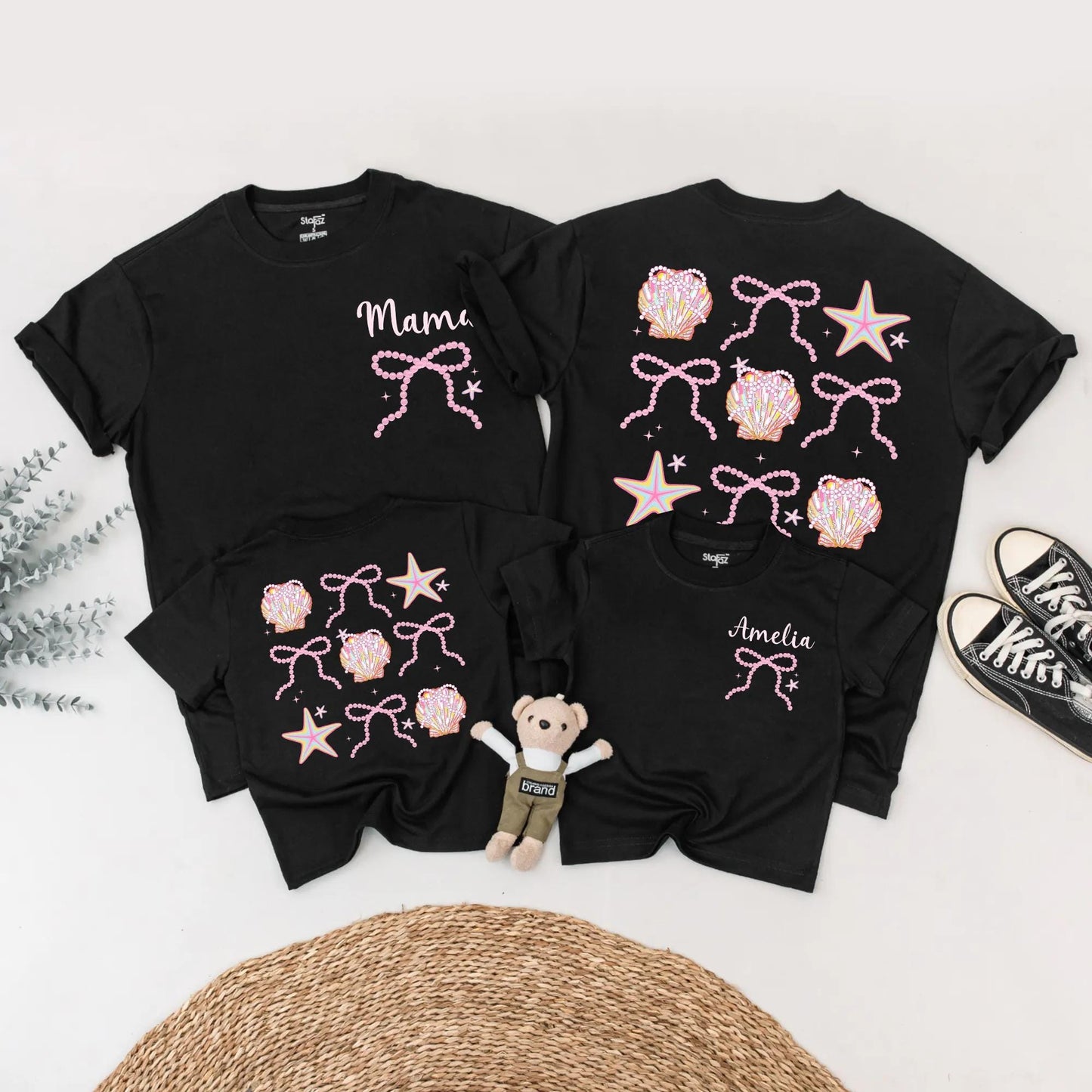 Cute Seashell Bow Matching Family Shirts Mommy and Me Beach Outfits Personalized Amelia Summer Vacation Tees