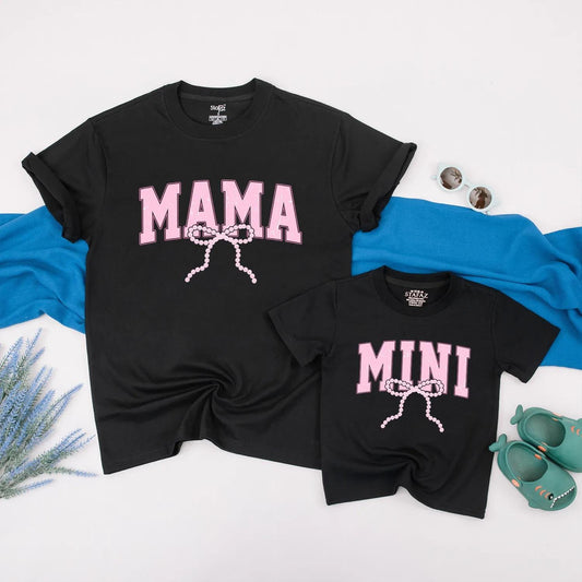 Matching Mama and Mini Pearl Bow Summer Shirts Cute Pink Mom and Daughter Vacation Tees Toddler Girl Outfit Cotton Holiday Casual