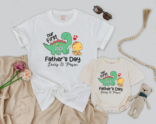 Personalized Our First Father's Day Dinosaur Matching Daddy & Baby Outfit 2025, Dino Romper, Cute Gift Boy