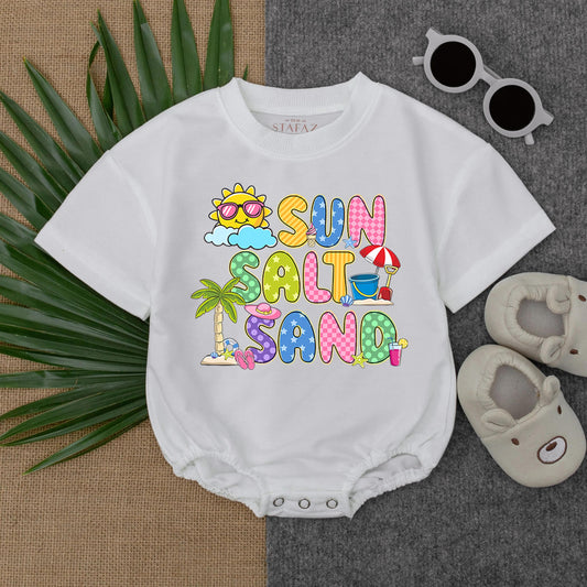 Sun Salt Sand Retro Summer Baby T-shirt Bubble Romper Boho Girl Cute Kid Vintage Infant Short Sleeve Beach Day Outfit Perfect Baby Shower Gift Coming Home