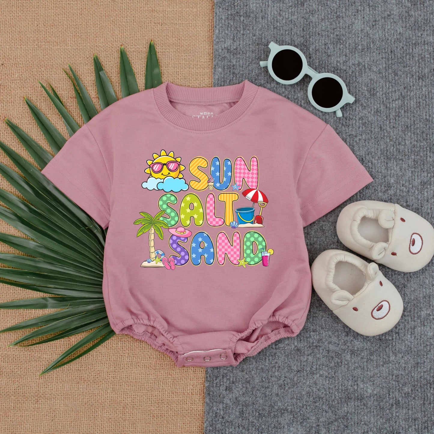 Sun Salt Sand Retro Summer Baby T-shirt Bubble Romper Boho Girl Cute Kid Vintage Infant Short Sleeve Beach Day Outfit Perfect Baby Shower Gift Coming Home