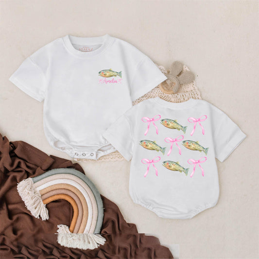 Personalized Pink Bow Bass Fish Girl Outfit Cute Baby Romper First Birthday Summer Gift