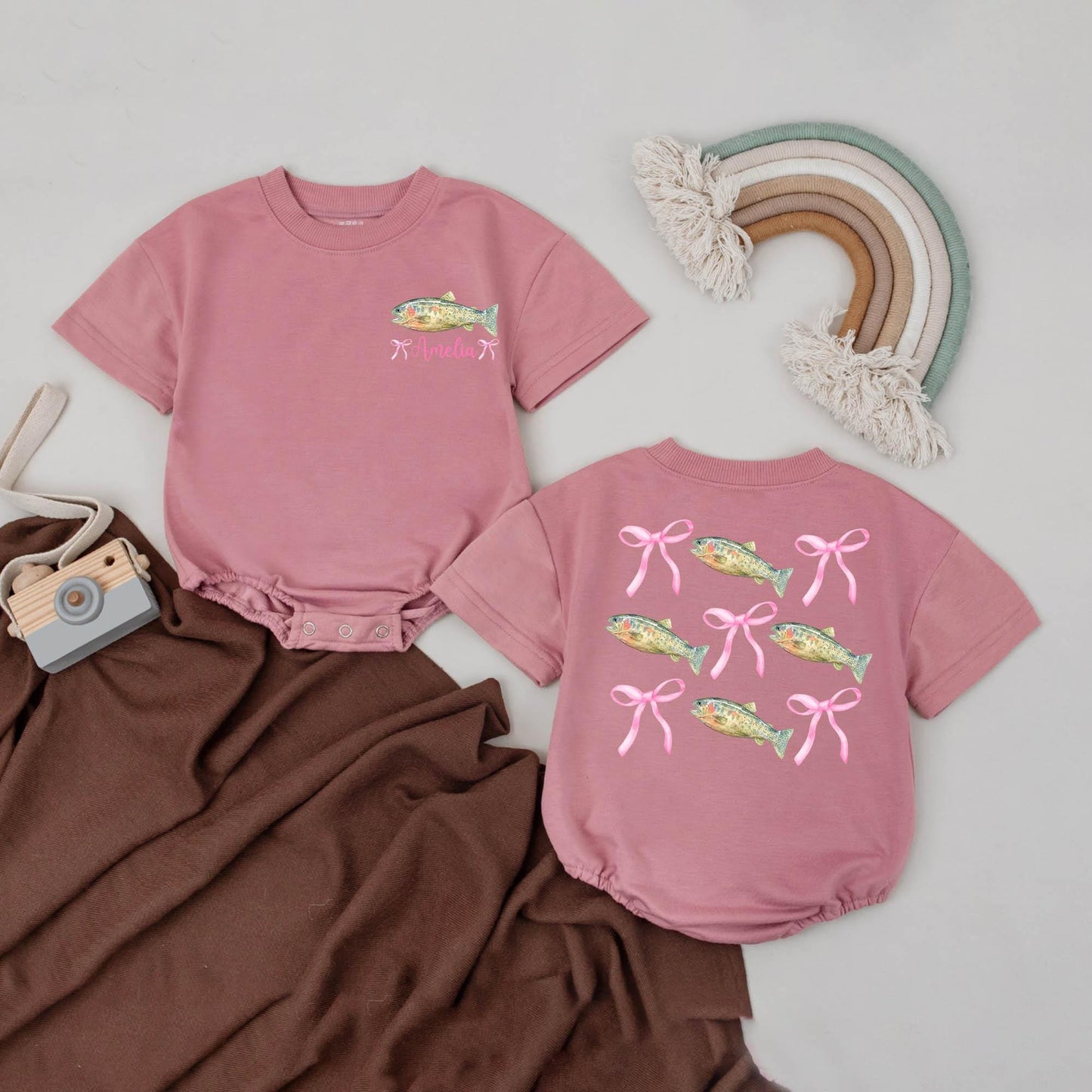 Personalized Pink Bow Bass Fish Girl Outfit Cute Baby Romper First Birthday Summer Gift